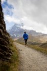 Rear view of man running along dirt track toward mount Eiger, Grindelwald, Switzerland — Stock Photo