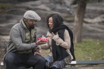 Romantic happy couple enjoying city during winter holidays with gift giving in the park — Stock Photo