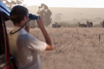 Молодой человек наблюдает за дикой природой через бинокль, Стелленбош, Южная Африка — стоковое фото