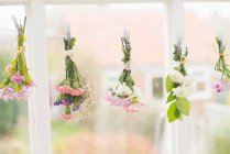 Flowers hung upside down on clothes line — Stock Photo