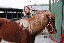 Frau bürstet Pferd im Freien — Stockfoto