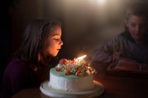 Девушка задувает свечи на торте — стоковое фото