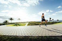 Hombre joven haciendo ejercicio, corriendo al aire libre, South Point Park, Miami Beach, Florida, EE.UU. - foto de stock