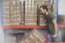 Человек толкает мешок тележки с упакованными картонными коробками на заводе — стоковое фото