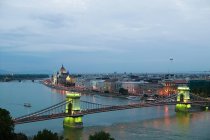 Observing view of Szechenyi chain bridge and danube river — Stock Photo