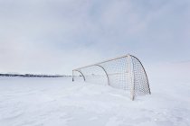 Vista da rede de hóquei no campo coberto de neve — Fotografia de Stock