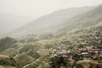 Трапецієподібні поля і село схилів пагорбів — стокове фото