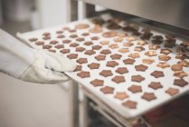 Abgeschnittenes Bild eines Bäckers, der ein Blech mit sternförmigen Keksen in den Ofen stellt — Stockfoto
