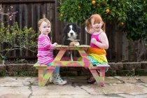 Dos hermanas jóvenes sentadas en el banco del jardín con perro mascota - foto de stock