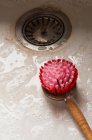 Dishwashing brush in wet kitchen sink — Stock Photo