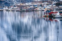 Reine pueblo pesquero y océano, Noruega - foto de stock