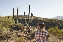 Жінка фотографування кактусів Sedona, Арізона, США — стокове фото