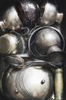 Vintage pewter containers and jars on each other — Stock Photo