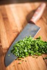 Close up shot of knife and chopped chives — Stock Photo