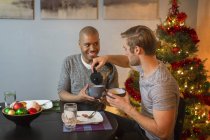 Coppia di uomini seduti a tavola, fare colazione insieme, Albero di Natale sullo sfondo — Foto stock