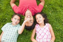 Pai deitado na grama com filho e filha — Fotografia de Stock