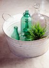 Bottles and plant in tub — Stock Photo