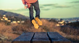 Immagine ritagliata di Boy che salta sul tavolo da picnic — Foto stock