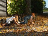 Amigos rastejando em folhas de outono — Fotografia de Stock
