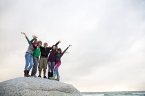 Grupo de amigos de pie en la roca - foto de stock