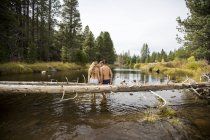 Rear view of romantic young couple sitting on fallen tree in river, Lake Tahoe, Nevada, USA — Stock Photo
