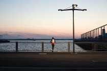 Вид ззаду спортсмена, що стоїть на мосту біля річки — стокове фото