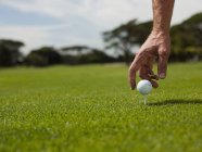 Чоловік грає в гольф, збирає м'яч — стокове фото