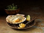 Stillleben von Langusten und Garnelen in Muschel mit gemischtem Salat gebacken — Stockfoto