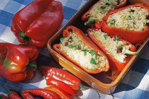 Close-up top view of fresh tasty stuffed peppers on table — Stock Photo