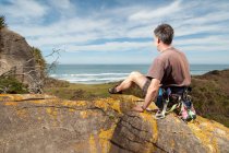 Rock climber at top of rock taking in scenery, Ruapuke, Raglan, New Zealand — Stock Photo