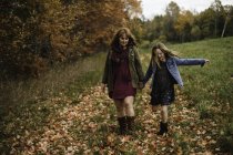 Mother and daughter holding hands walking in meadow, Lakefield, Ontario, Canada — Stock Photo