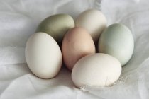 Шість свіжих яєць на білому текстилі — стокове фото