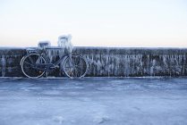 Bicycle leaning against wall covered in ice — Stock Photo