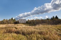 Alte verlassene Werbetafel auf trockenem Feld im Sonnenlicht — Stockfoto