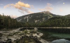 Tree covered mountains by river, Leermoos, Tyrol, Austria — Stock Photo