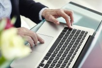 Mani di donna anziana che digita su computer portatile a scrivania — Foto stock