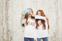 Ritratto di sorelle gemelle che indossano maglioni natalizi, scattando selfie con smartphone — Foto stock