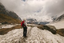Donna, in piedi, guardando la vista, vista posteriore, ABC trek (Annapurna Base Camp trek), Nepal — Foto stock