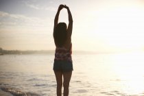 Visão traseira da mulher em pé junto ao mar com os braços levantados — Fotografia de Stock