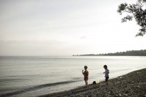 Chica y hermano lanzando guijarros en el lago Ontario, Oshawa, Canadá - foto de stock