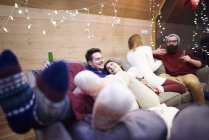 Amici che amano stare insieme sul divano in chalet — Foto stock