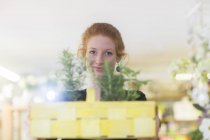 Fiorista che lavora con piante in vaso nel cestino, guardando la macchina fotografica — Foto stock