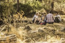 Quatro caminhantes do sexo masculino sentados conversando na floresta, Deer Park, Cape Town, África do Sul — Fotografia de Stock