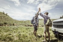 Man and teenage son on hiking road trip high fiving each other in landscape, Bridger, Montana, USA — Stock Photo