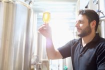 Arbeiter in der Brauerei inspiziert Bier in der letzten Phase des Brauens — Stockfoto
