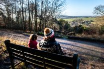 Madre e hijo sentados en el banco en el entorno rural, mirando a la vista, vista trasera - foto de stock