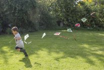 Хлопчик біжить в саду тримає повітряний змій — стокове фото