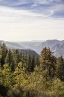Vista panorámica elevada del bosque y las montañas, Parque Nacional Yosemite, California, EE.UU. - foto de stock