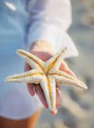 Woman holding starfish on beach, close up — Stock Photo