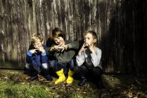 Three boys, outdoors, crouching beside fence, making hand gestures — Stock Photo